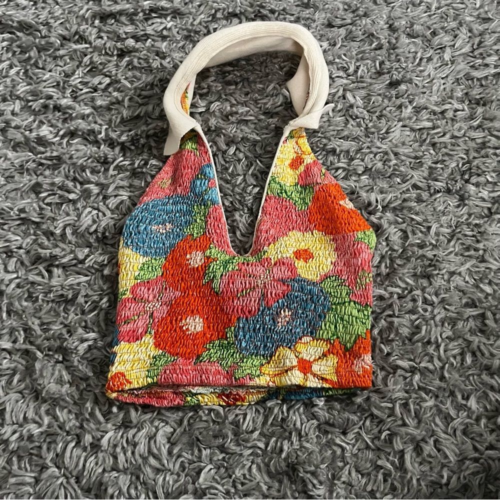 zara womens size S halter floral Smocked cropped top orange blogger fav - Picture 2 of 3